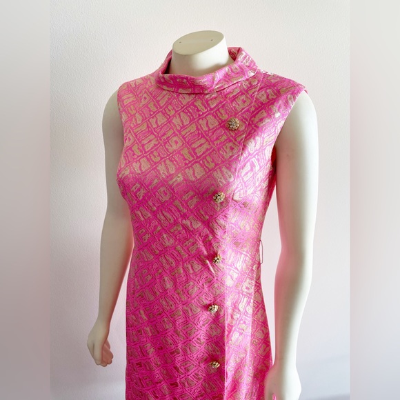 Richard Kaplan 1960s Pink Gold Metallic Thread Belted Vintage Shift Dress - Picture 8 of 16